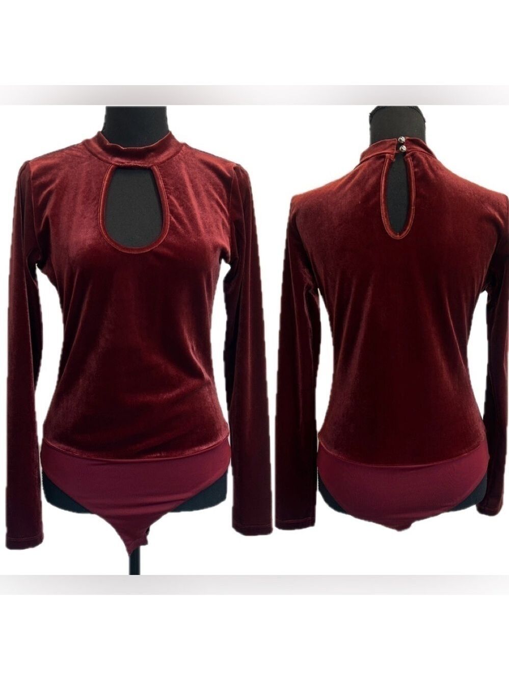Shine Star burgundy red velvet keyhole peephole high neck bodysuit long sleeve M